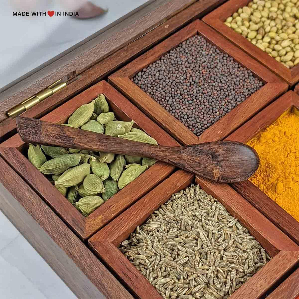 Handcrafted Wooden Spice Box Masala Dabba with Glass Lid — 8 inch, 10 inch, 12 inch - Made with Love in India