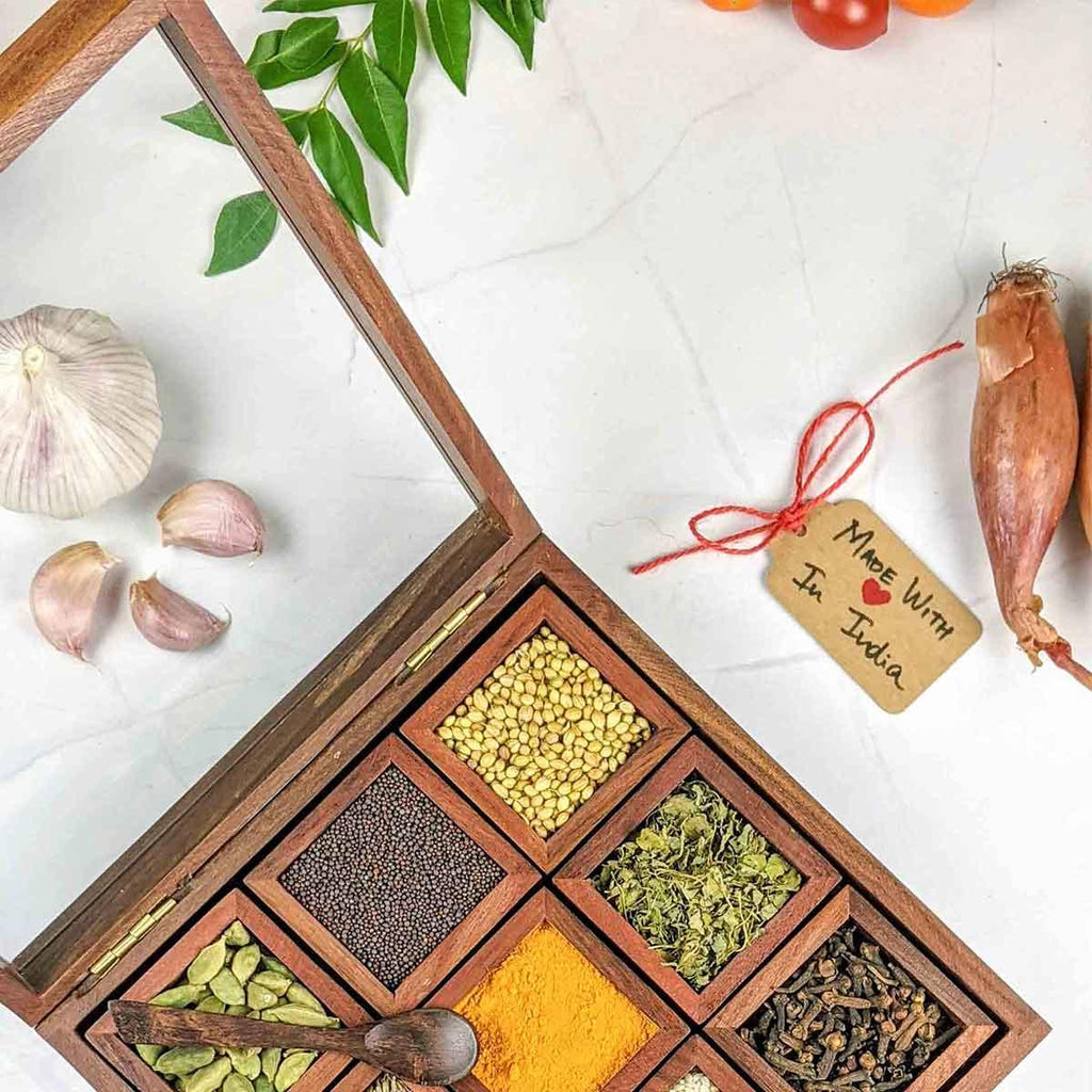 Handcrafted Wooden Spice Box Masala Dabba with Glass Lid — 8 inch, 10 inch, 12 inch - Made with Love in India