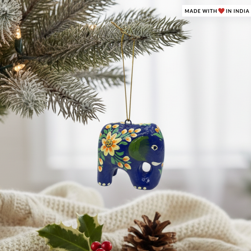 Festive Elephant Charm: Blue Hand-Painted Paper Mache Christmas Tree Decorations