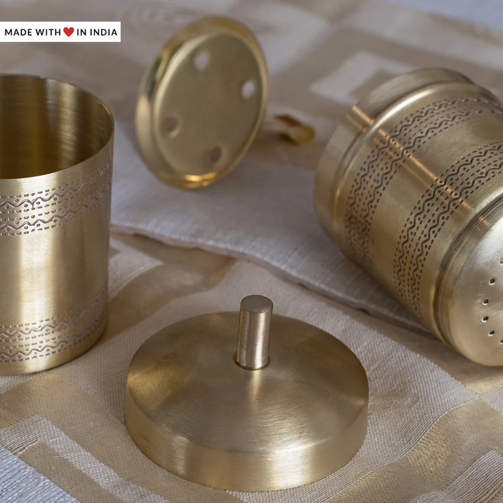 Brass South Indian Filter Coffee Percolator-Matt Finish with Etched Kolam  Borders