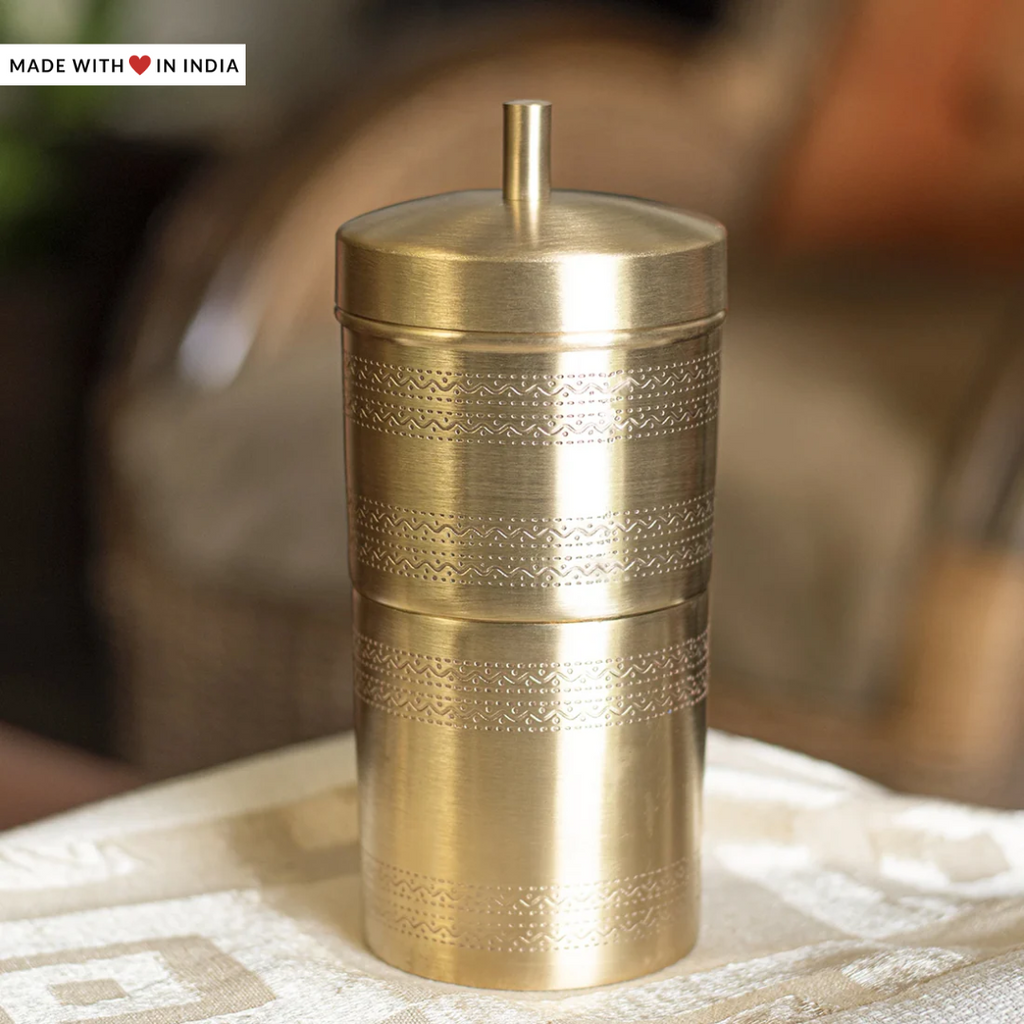 Brass South Indian Filter Coffee Percolator-Matt Finish with Etched Kolam  Borders