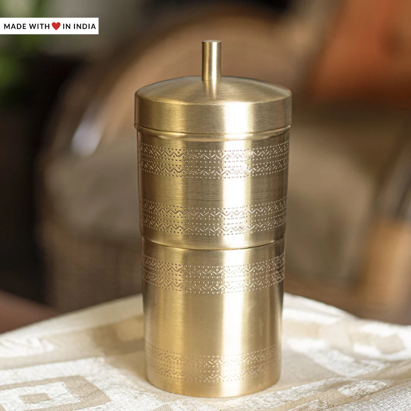Brass South Indian Filter Coffee Percolator-Matt Finish with Etched Kolam Borders