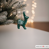 Festive Deer Charm: Green Hand-Painted Paper Mache Christmas Tree Decorations