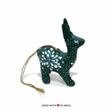 Festive Deer Charm: Green Hand-Painted Paper Mache Christmas Tree Decorations