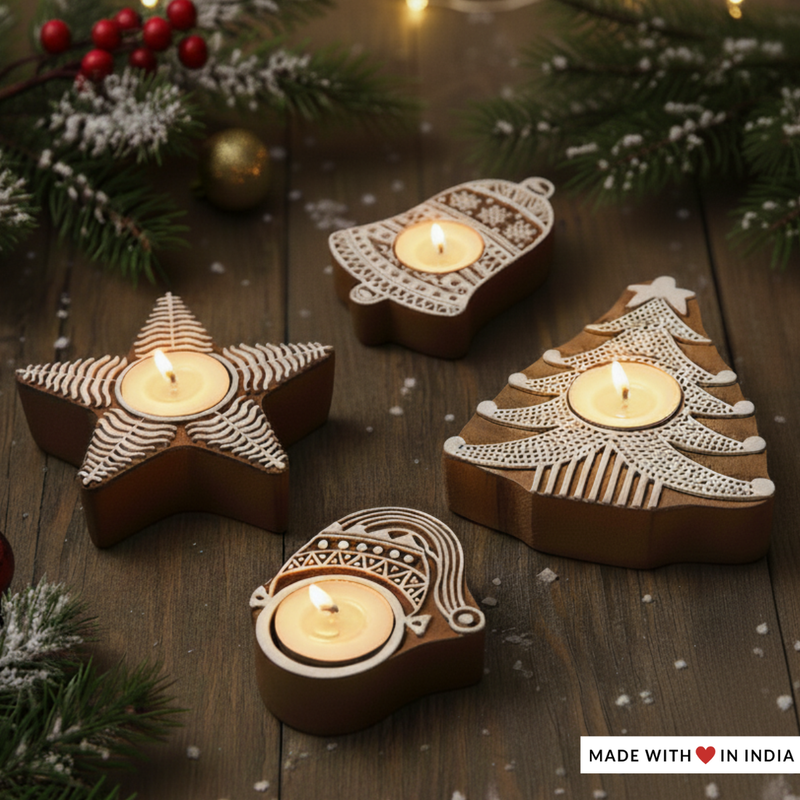 Handcrafted Christmas Themed Wooden Printing Block Tea Light Holder - Set of 4