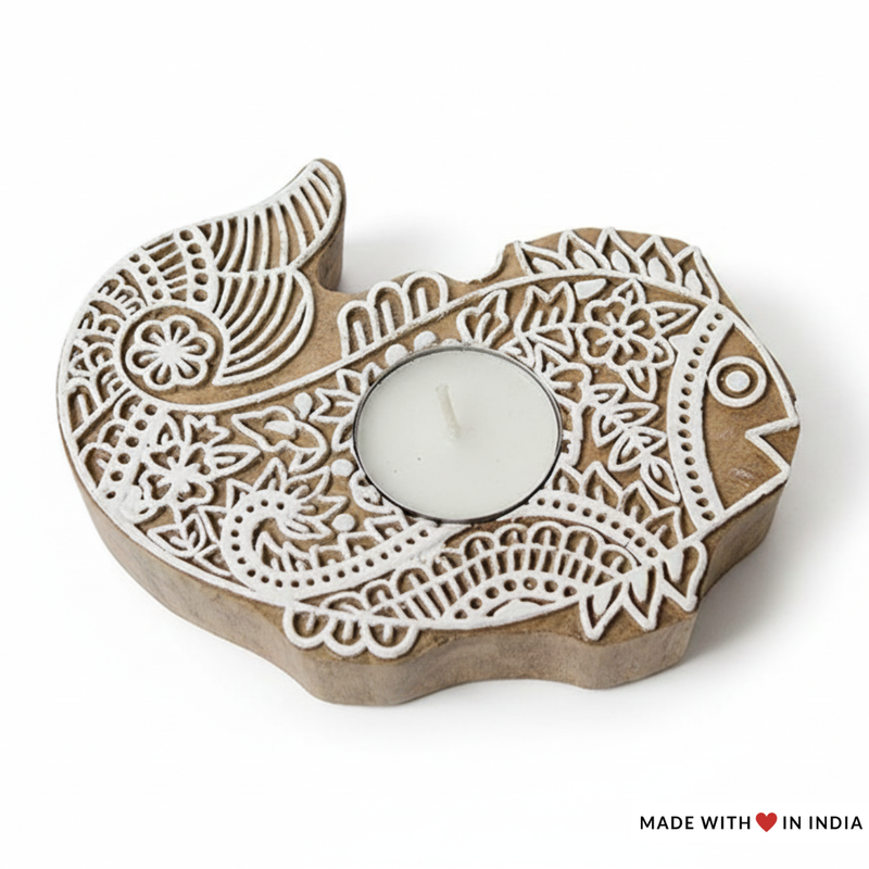 Handcrafted Fish Themed Wooden Printing Block Tea Light Holder