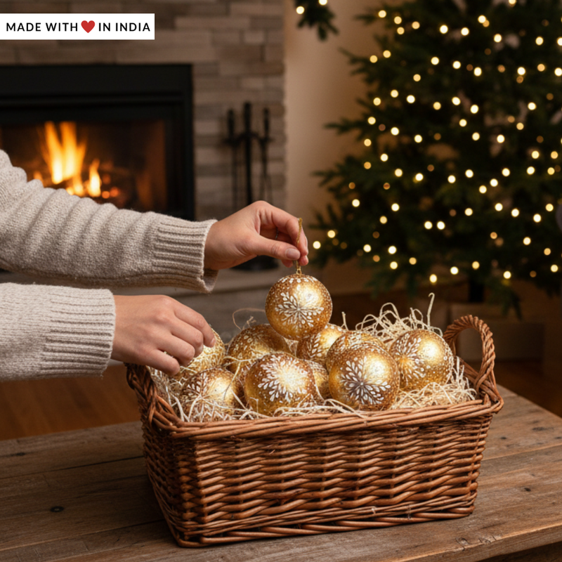 Hand-painted Golden Snowflake themed Christmas Bauble | Sustainable Artisan Ornament | Eco-Friendly Festive Decor