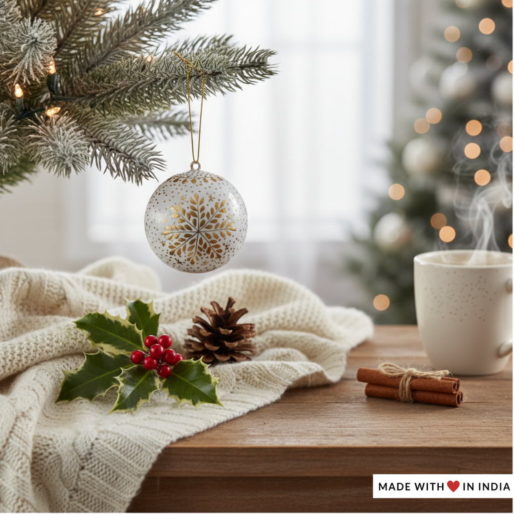 Hand-painted Snowflake themed Christmas Bauble in White and Gold | Sustainable Artisan Ornament | Eco-Friendly Festive Decor