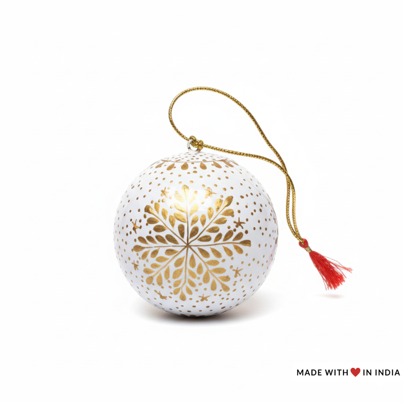 Hand-painted Snowflake themed Christmas Bauble in White and Gold | Sustainable Artisan Ornament | Eco-Friendly Festive Decor