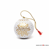 Hand-painted Snowflake themed Christmas Bauble in White and Gold | Sustainable Artisan Ornament | Eco-Friendly Festive Decor