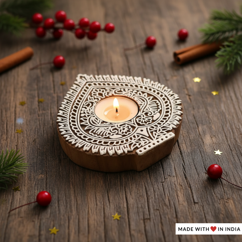 Handcrafted Queen of Hearts Themed Wooden Printing Block Tea Light Holder