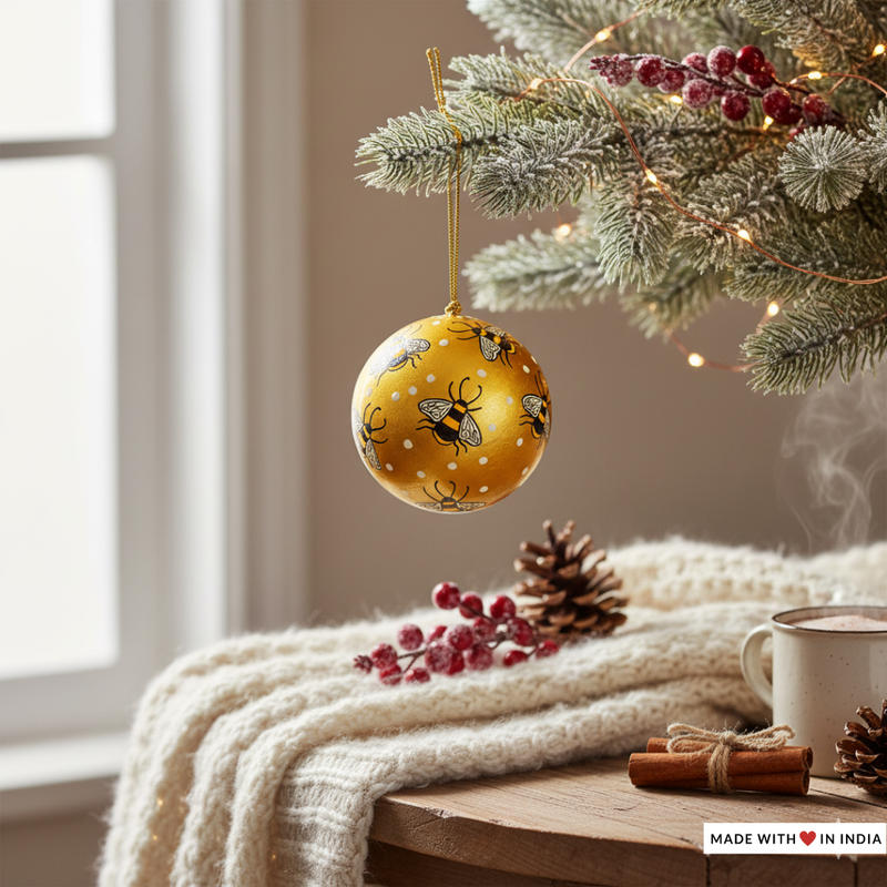 Hand-painted Kashmiri Honeybee Christmas Bauble | Sustainable Artisan Ornament | Eco-Friendly Festive Decor