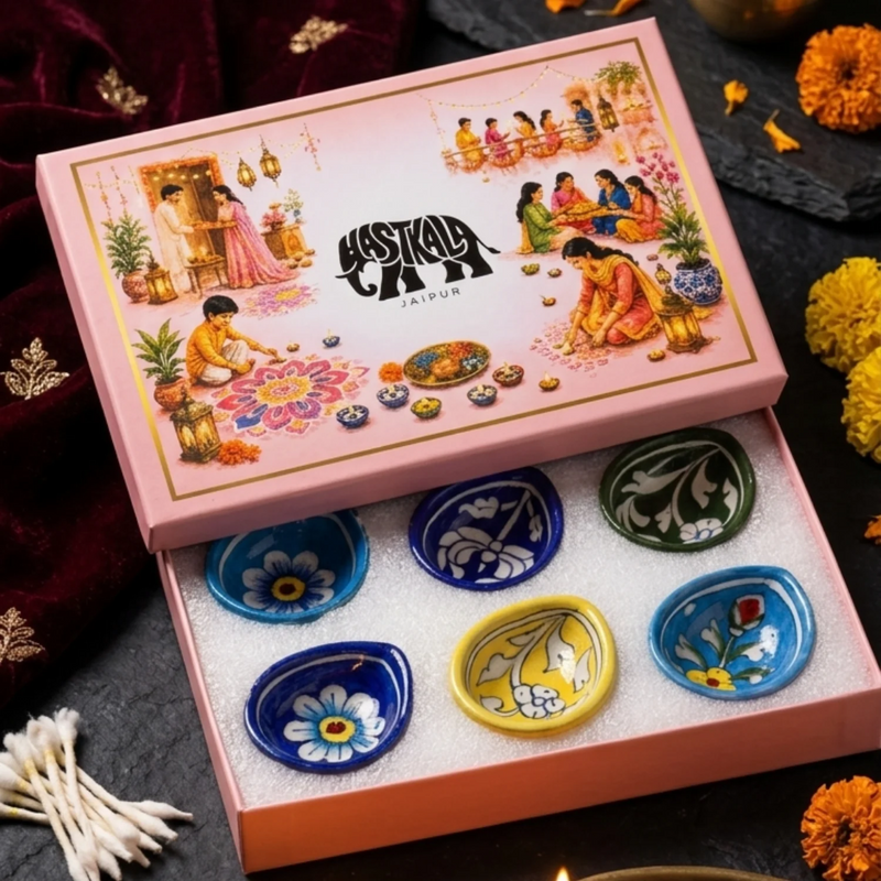 Hand-painted Jaipur Blue Pottery Diyas – Assorted
