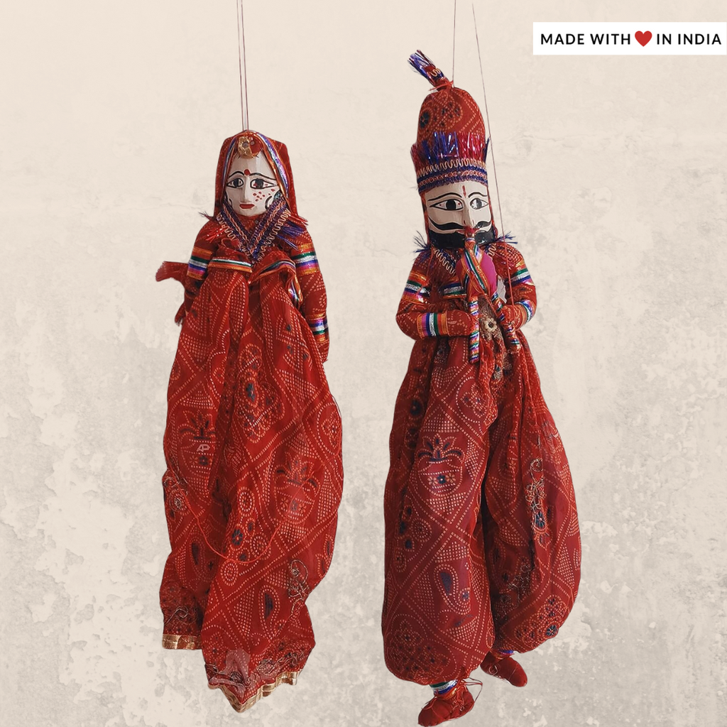 Handpainted Rajasthani Puppet Couple in Wood and cloth - Assorted desi