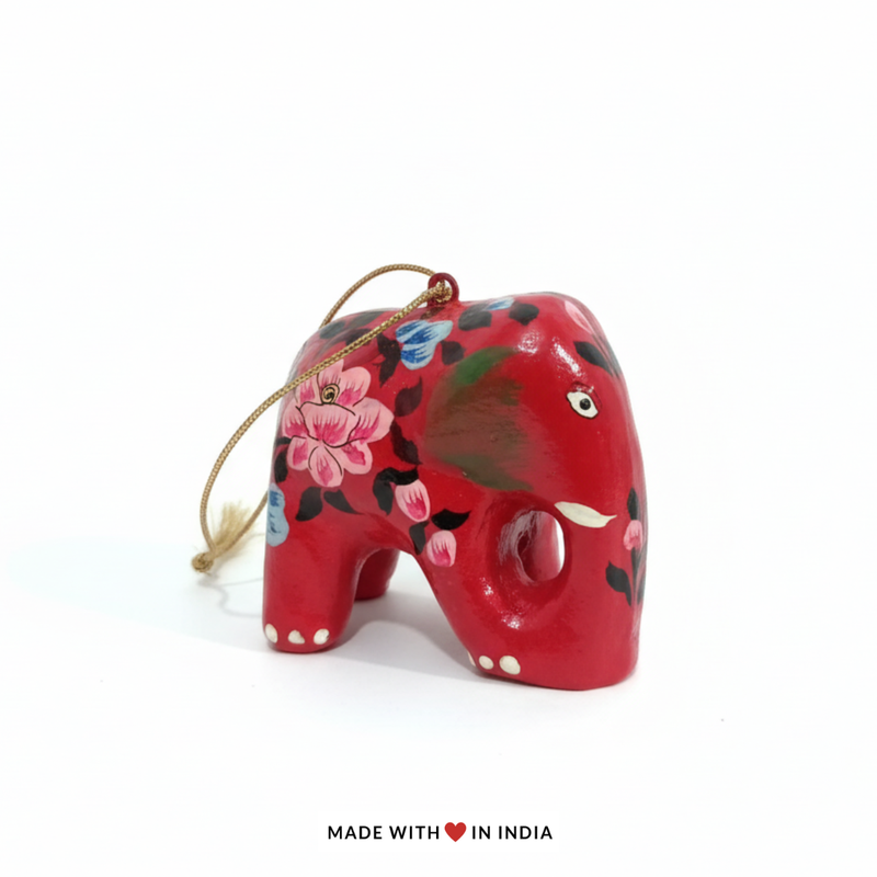 Festive Elephant Charm: Red Hand-Painted Paper Mache Christmas Tree Decorations