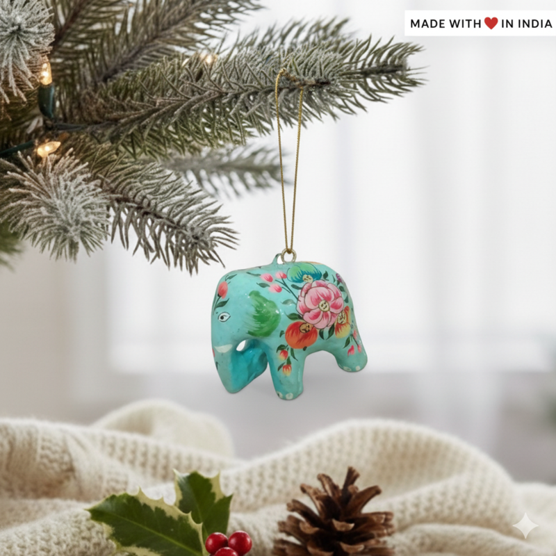 Festive Elephant Charm: Turquoise Hand-Painted Paper Mache Christmas Tree Decorations