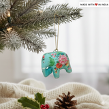 Festive Elephant Charm: Turquoise Hand-Painted Paper Mache Christmas Tree Decorations