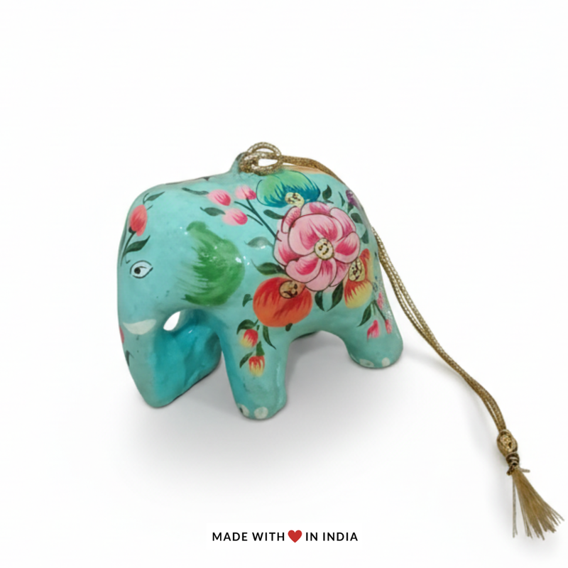 Festive Elephant Charm: Turquoise Hand-Painted Paper Mache Christmas Tree Decorations