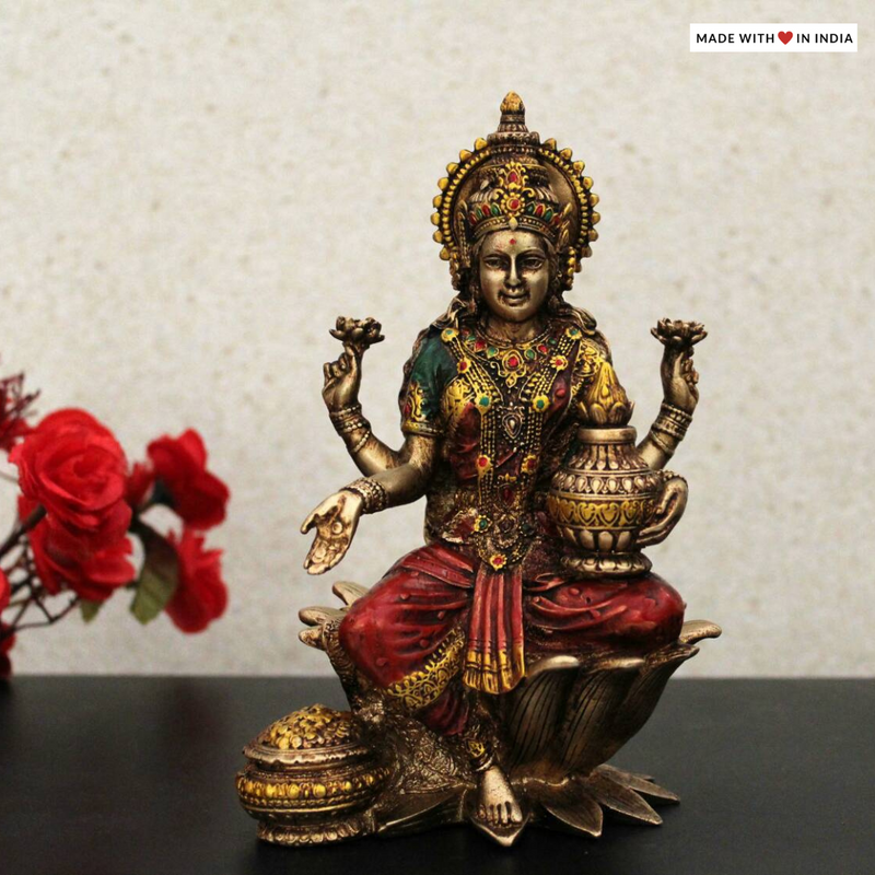 Goddess Lakshmi on a Lotus pedestal - Metallic finish