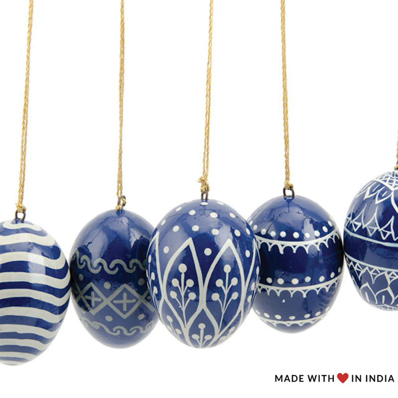 Indigo & White Christmas Tree Bauble Assortment - Hand-Painted Paper Mache- Set of 5