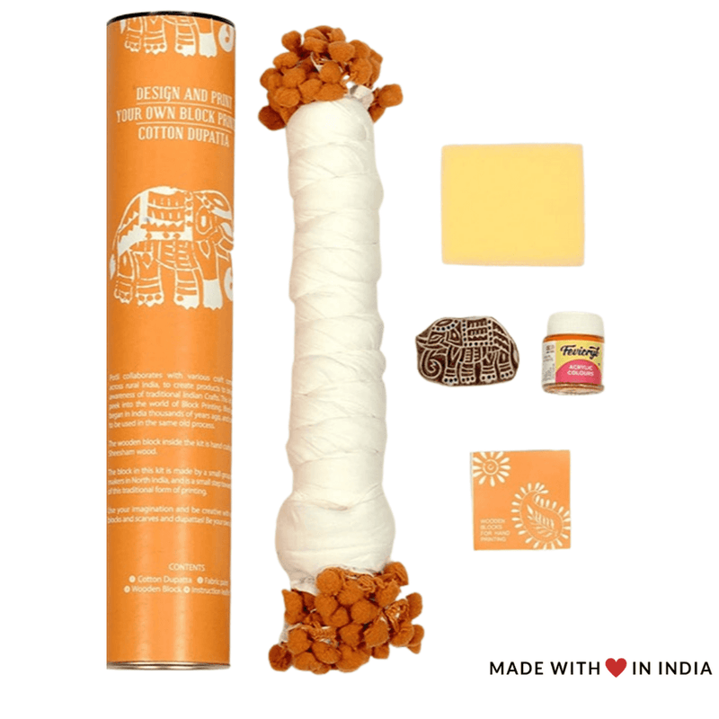 Elephant Hand Block Print Dupatta Kit - Educational Arts & Crafts for Kids Activity Kit - Made with Love in India