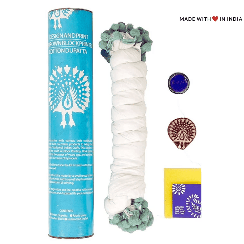 Peacock Hand Block Print Dupatta Kit - Educational Arts & Crafts for Kids Activity Kit - Made with Love in India