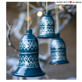 Petrol Blue Christmas Tree Bells Ornament - Hand-Painted - Set of 3