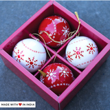 Red and White Christmas Tree Bauble Ornament - Hand-Painted - Set of 4