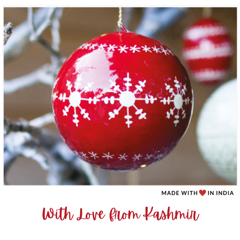 Red and White Christmas Tree Bauble Ornament - Hand-Painted - Set of 4