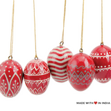 Red and White Christmas Tree Bauble Assortment - Hand-Painted Paper Mache- Set of 5