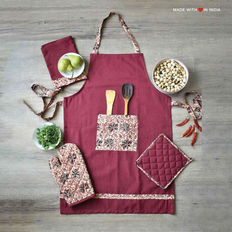 Kalamkari Apron Set - Maroon - Made with Love in India