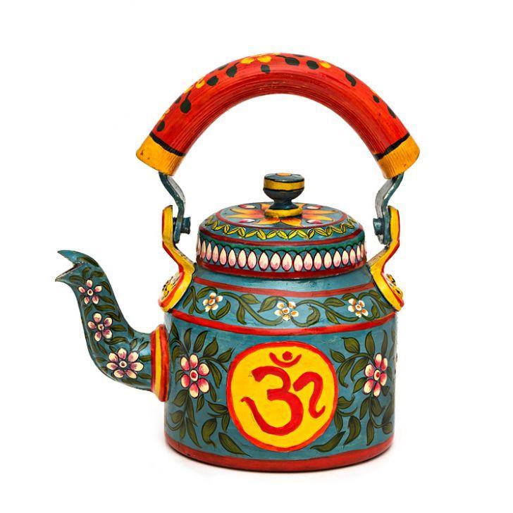 Mankot - Hand Painted Chai Kettle Teapot in Turquoise, Yellow, & Pink