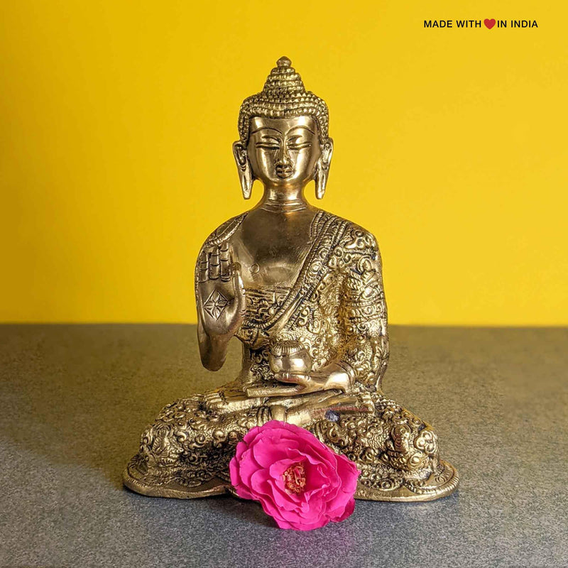 Buddha Brass Statue - with Story Inscriptions - Tabletop Accent - 7.5 inches - Made with Love in India