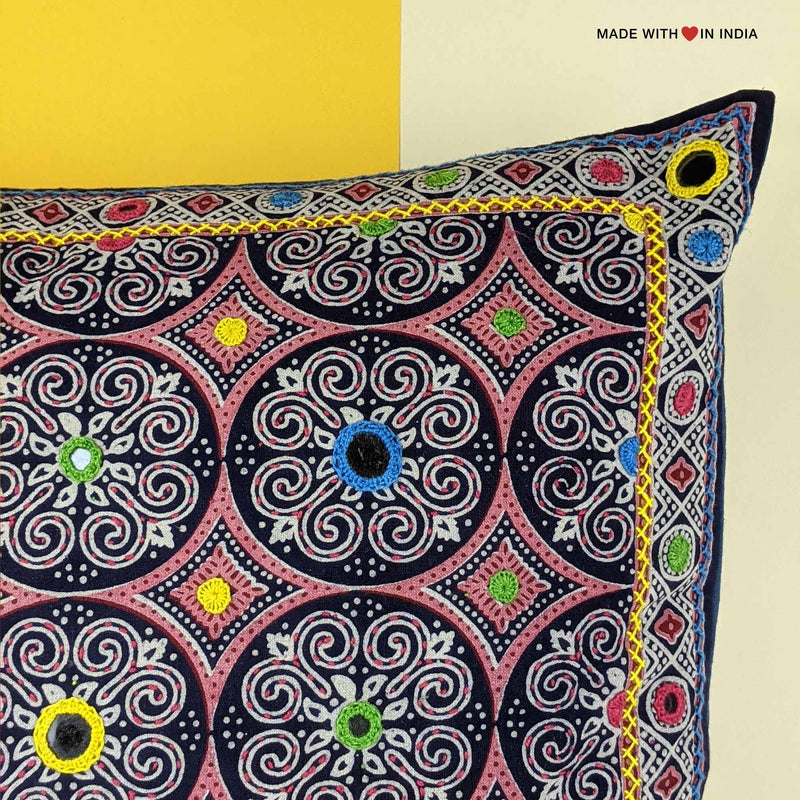 Kanora - Ajrakh Embroidered Mirror-work Cushion Cover