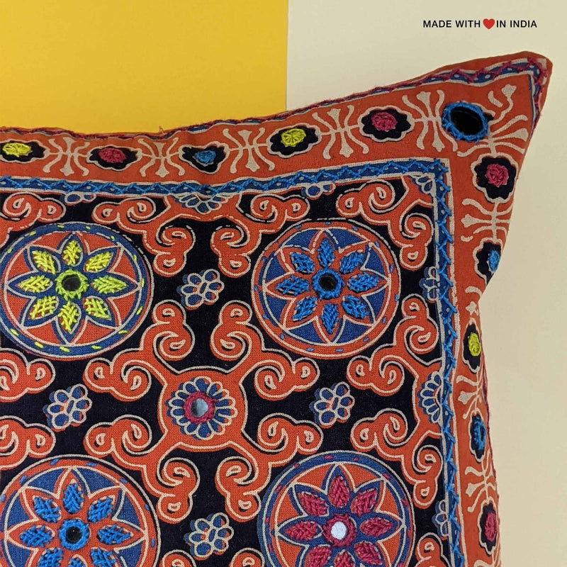 Lorti - Ajrakh Embroidered Mirror-work Cushion Cover