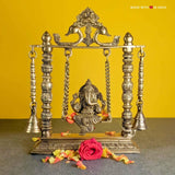 Ganesh on Jhula, with bells - Ganesha on a Swing - Ganesh Brass Idol - 10 inches
