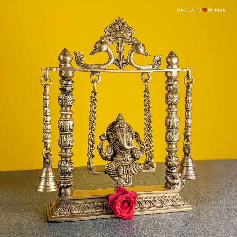 Ganesh on Jhula, with bells - Ganesha on a Swing - Ganesh Brass Idol - 10 inches - Made with Love in India
