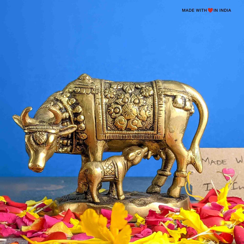 Gomata Brass Statue - Cow & Calf Kamdhenu - 4 inches - Made with Love in India