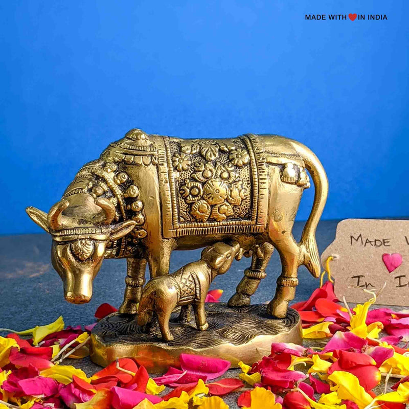 Gomata Brass Statue - Cow & Calf Kamdhenu - 4 inches - Made with Love in India
