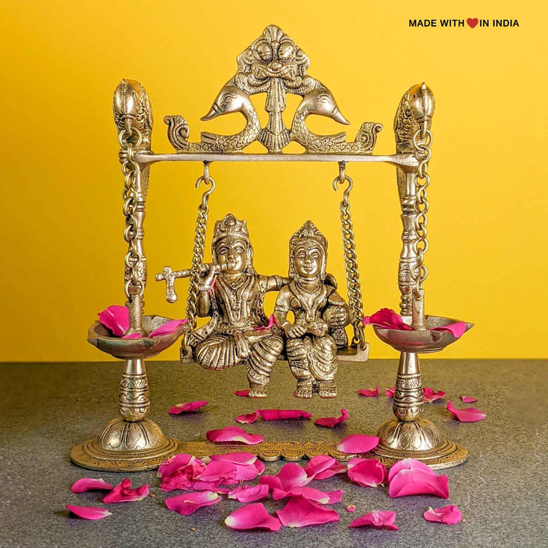 Krishna with Radha on a Jhula - RadheKrishna Brass Statue - on a Swing - 8.5 inches - Made with Love in India