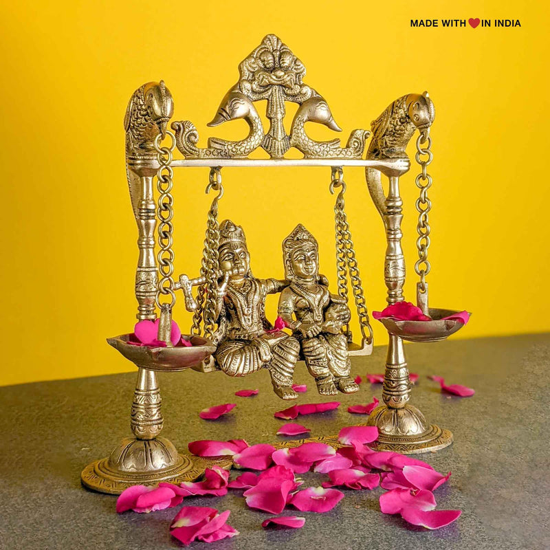 Krishna with Radha on a Jhula - RadheKrishna Brass Statue - on a Swing - 8.5 inches - Made with Love in India