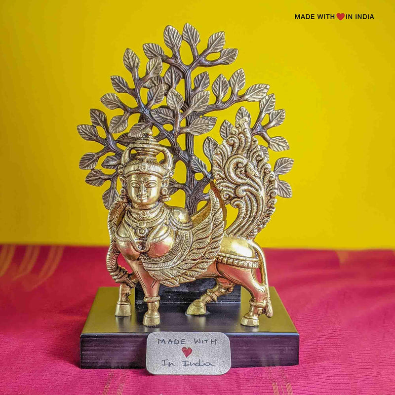 Kamadhenu and Kalpavriksha - Gomata and Wish Fulfilling Tree - Brass statue - 9 inches - Made with Love in India