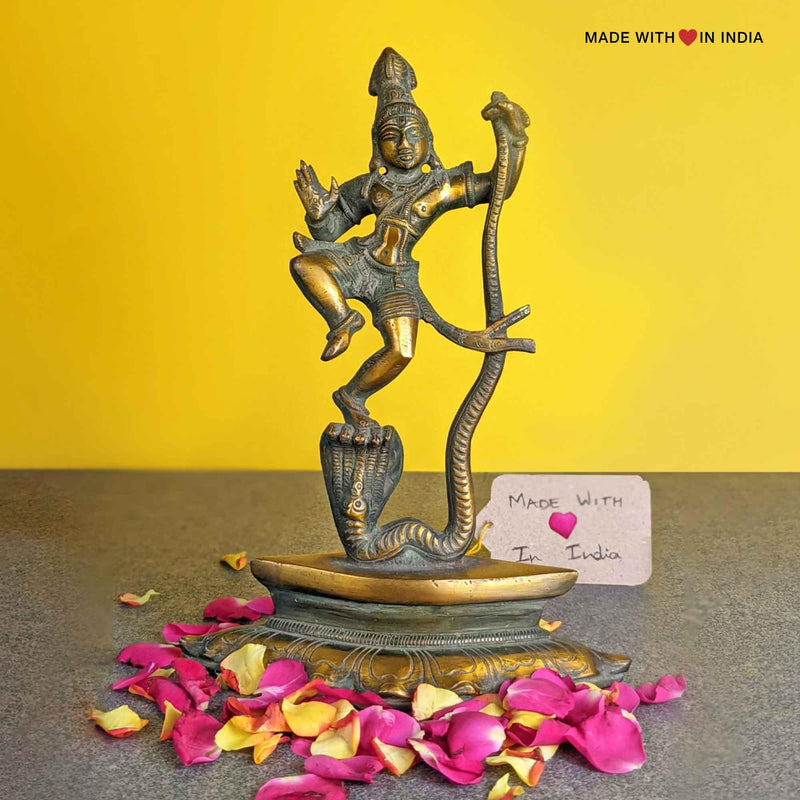 Krishna Dancing on Kaliya Snake - Kaliya Naga Mardan - Brass Krishna Statue - 8 inches - Made with Love in India
