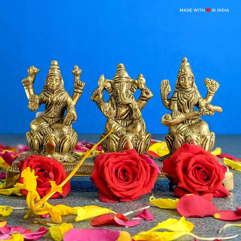 Lakshmi Ganesh Saraswati Brass Idols - 3 inches - Made with Love in India