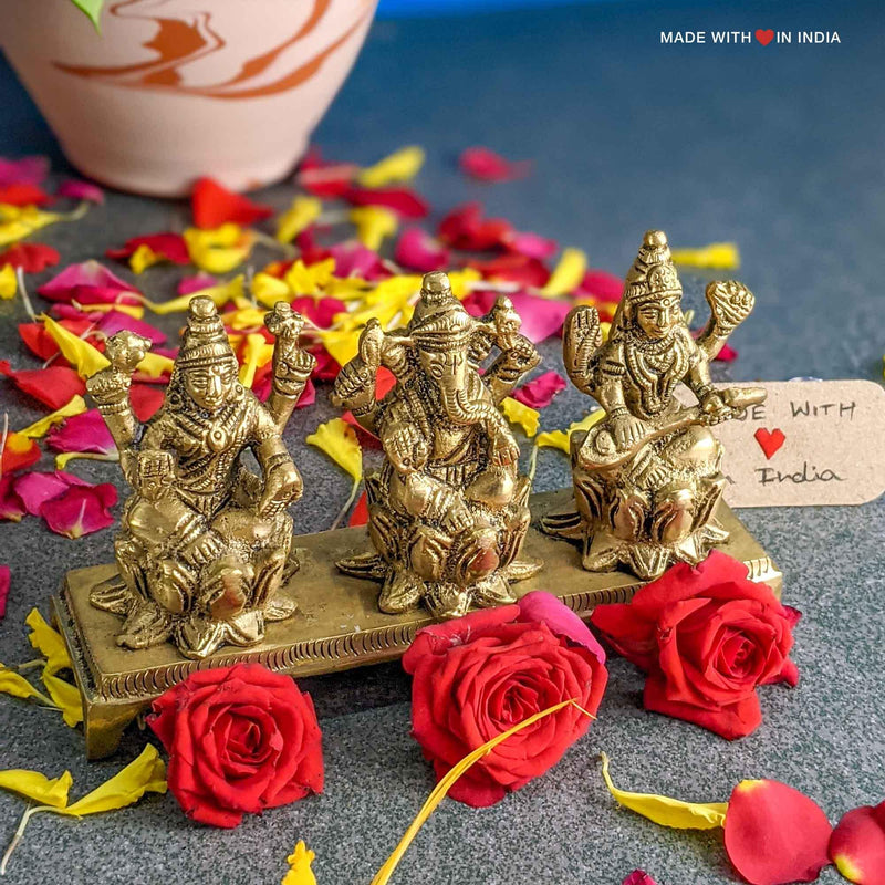 Lakshmi Ganesh Saraswati Brass Idols - 3 inches - Made with Love in India
