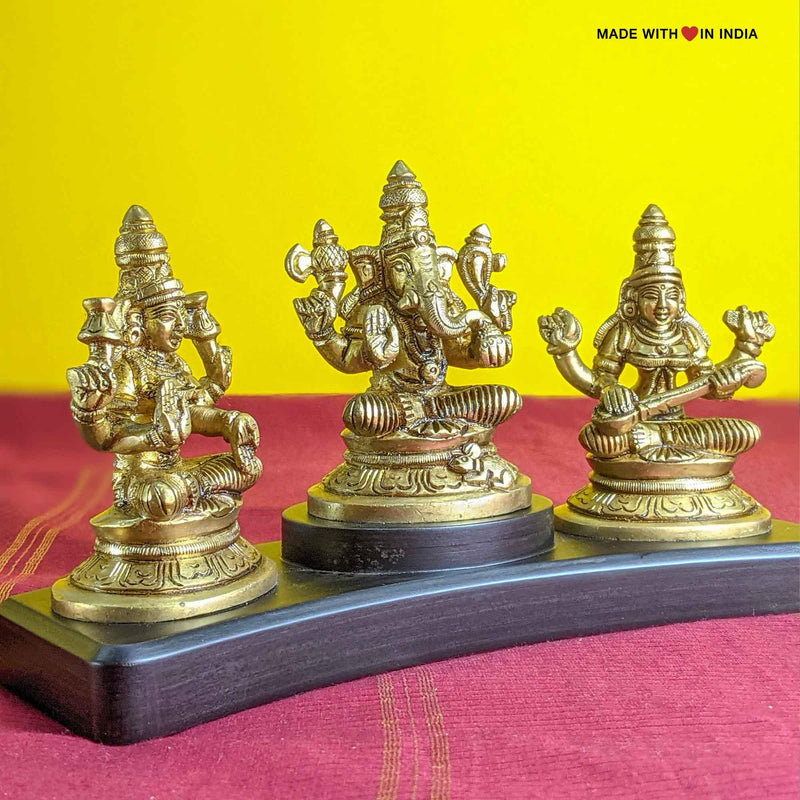 Lakshmi Ganesh Saraswati - Brass Idols on a wooden base - 4 inches - Made with Love in India