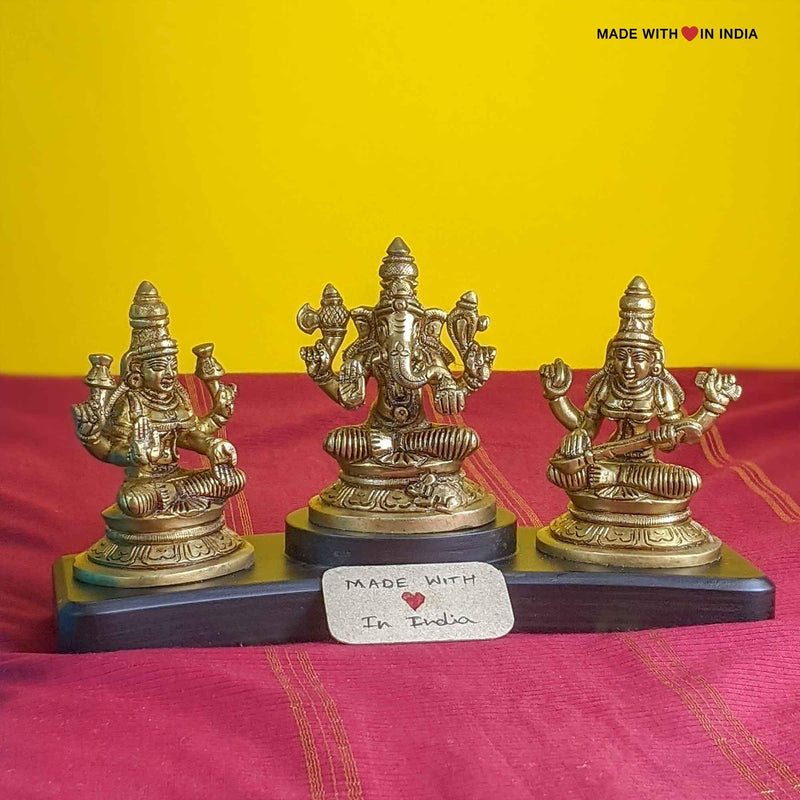 Lakshmi Ganesh Saraswati - Brass Idols on a wooden base - 4 inches - Made with Love in India