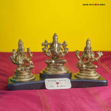 Lakshmi Ganesh Saraswati - Brass Idols on a wooden base - 4 inches