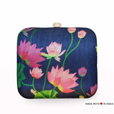 Lotus Pond — Pastel Pink & Royal Blue Silk Printed Designer Clutch Bag