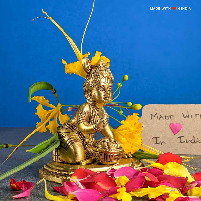 Makhan Chor Krishna - Baby Krishna eating Butter - 3 in - Brass Idol - Made with Love in India